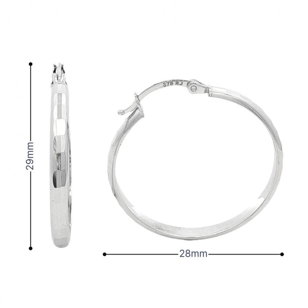 9ct White Gold Faceted Hoop Earrings - 28x29x3mm - 2.3g
