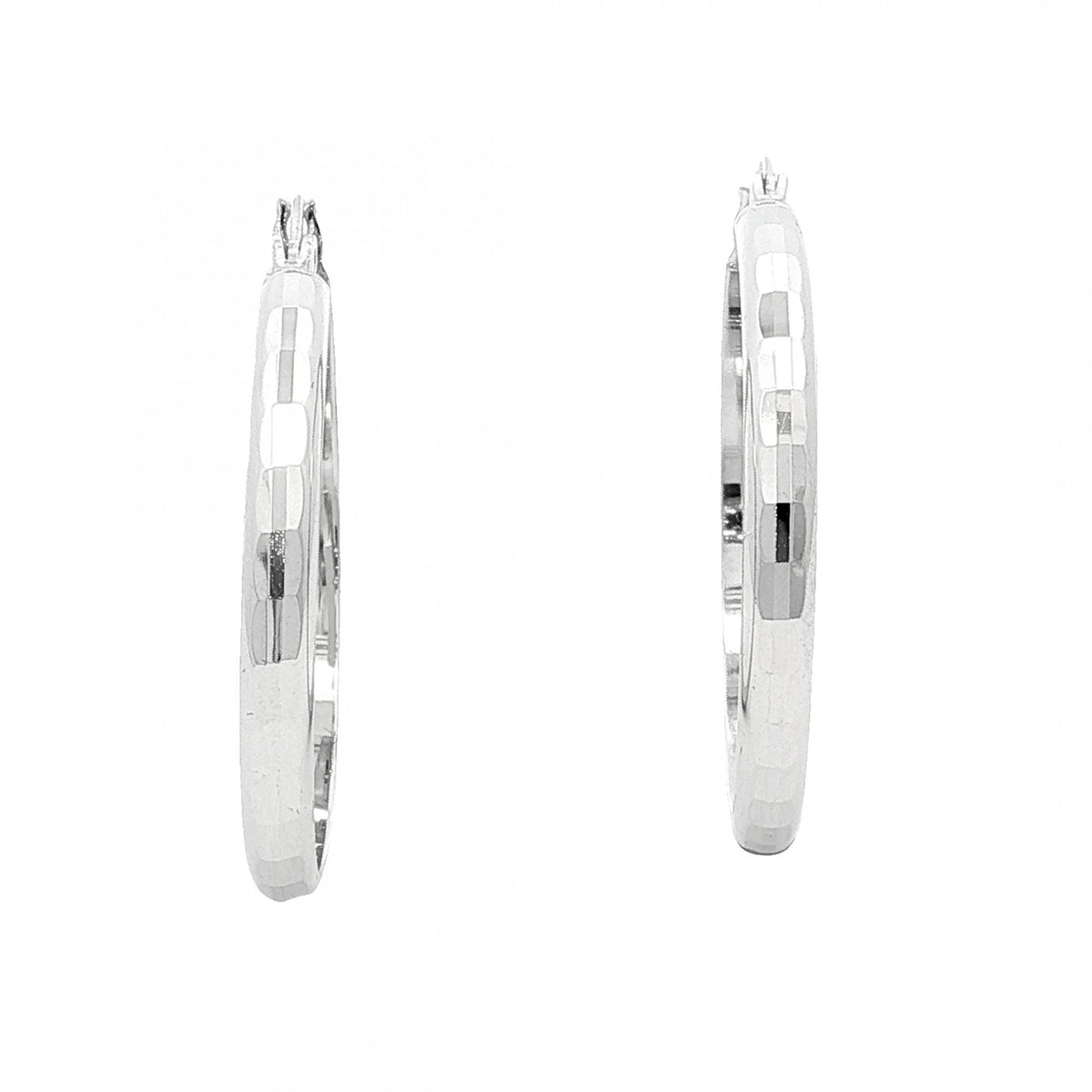 9ct White Gold Faceted Hoop Earrings - 28x29x3mm - 2.3g