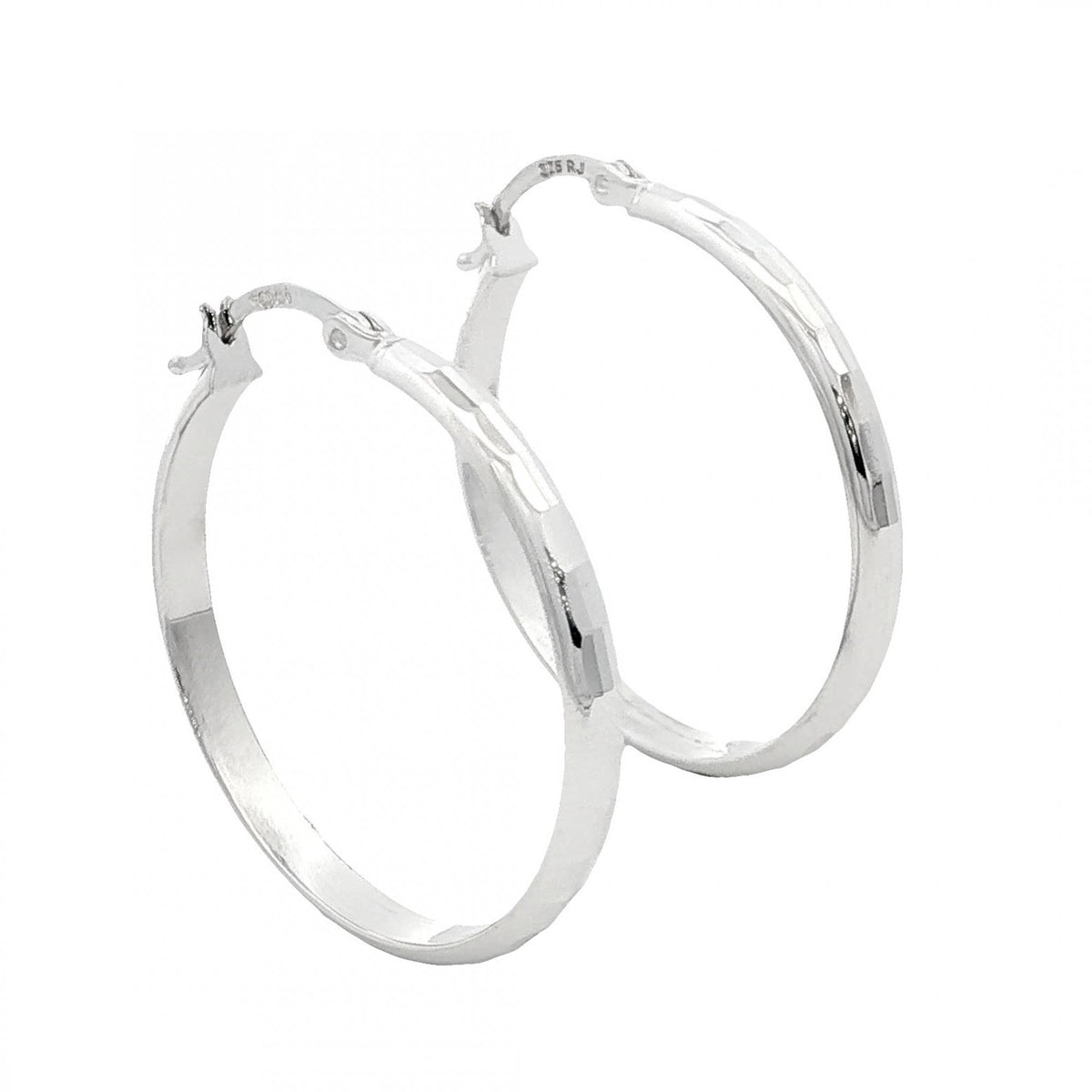 9ct White Gold Faceted Hoop Earrings - 28x29x3mm - 2.3g