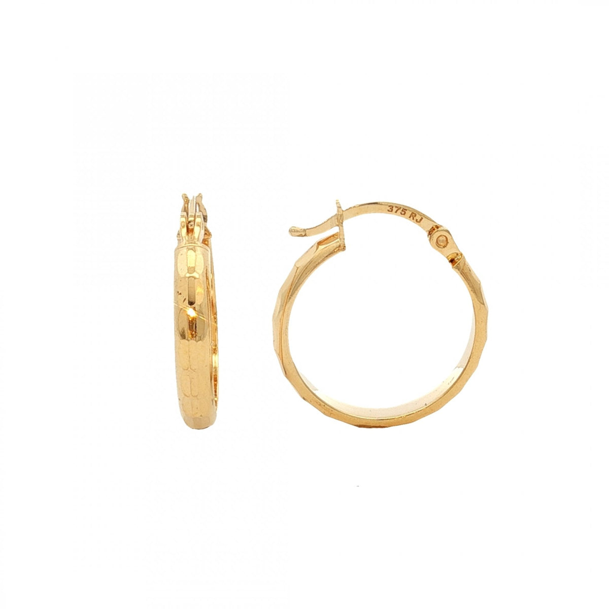 9ct Yellow Gold Faceted Hoop Earrings - 18x19x3mm - 1.5g