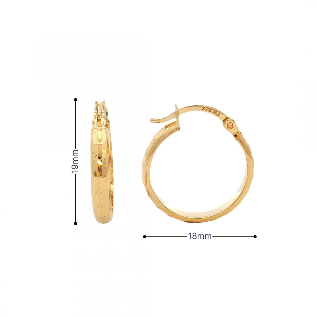 9ct Yellow Gold Faceted Hoop Earrings - 18x19x3mm - 1.5g