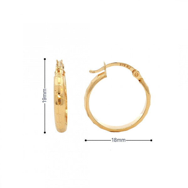 9ct Yellow Gold Faceted Hoop Earrings - 18x19x3mm - 1.5g