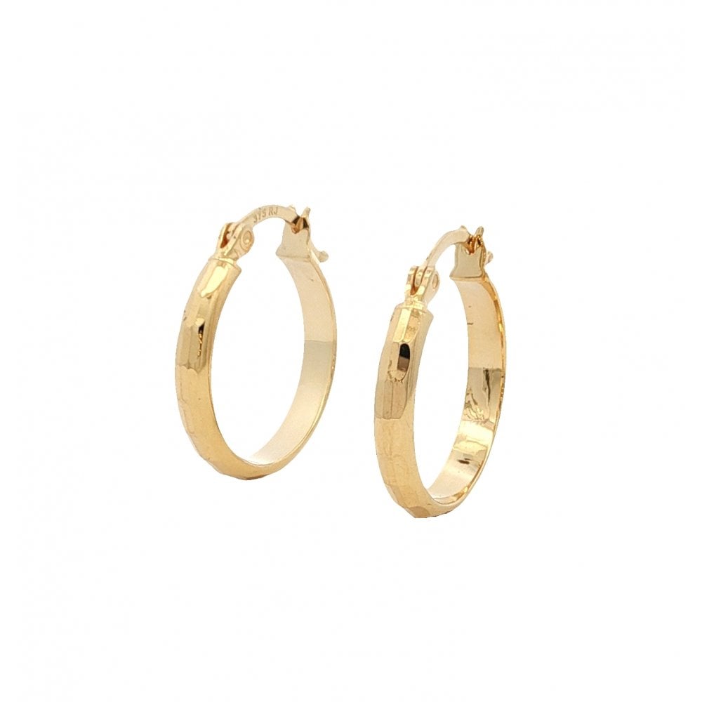 9ct Yellow Gold Faceted Hoop Earrings - 18x19x3mm - 1.5g