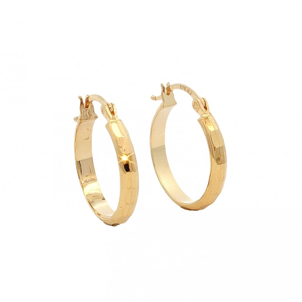 9ct Yellow Gold Faceted Hoop Earrings - 18x19x3mm - 1.5g