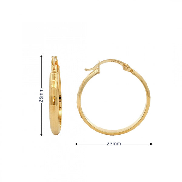 9ct Yellow Gold Faceted Hoop Earrings - 23x25x3mm - 1.9g