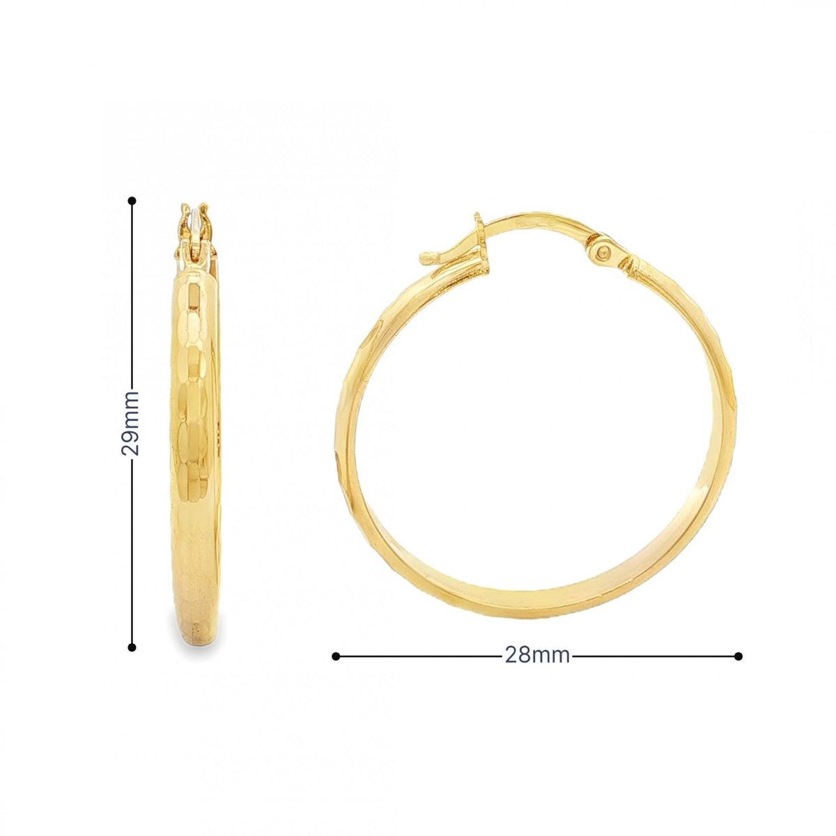 9ct Yellow Gold Faceted Hoop Earrings - 28x29x3mm - 2.4g