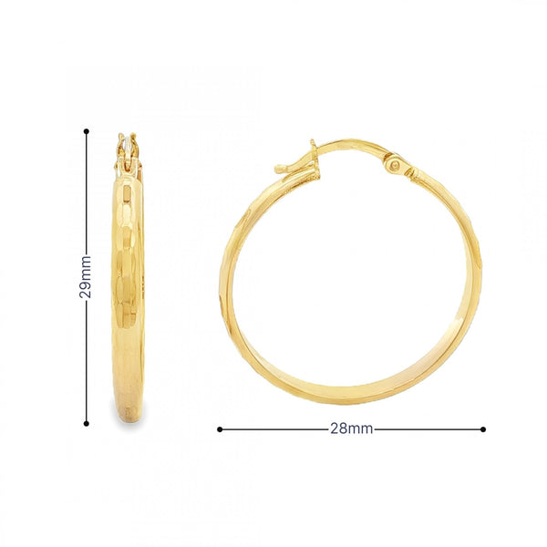 9ct Yellow Gold Faceted Hoop Earrings - 28x29x3mm - 2.4g