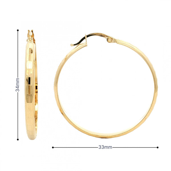 9ct Yellow Gold Faceted Hoop Earrings - 33x34x3mm - 2.8g