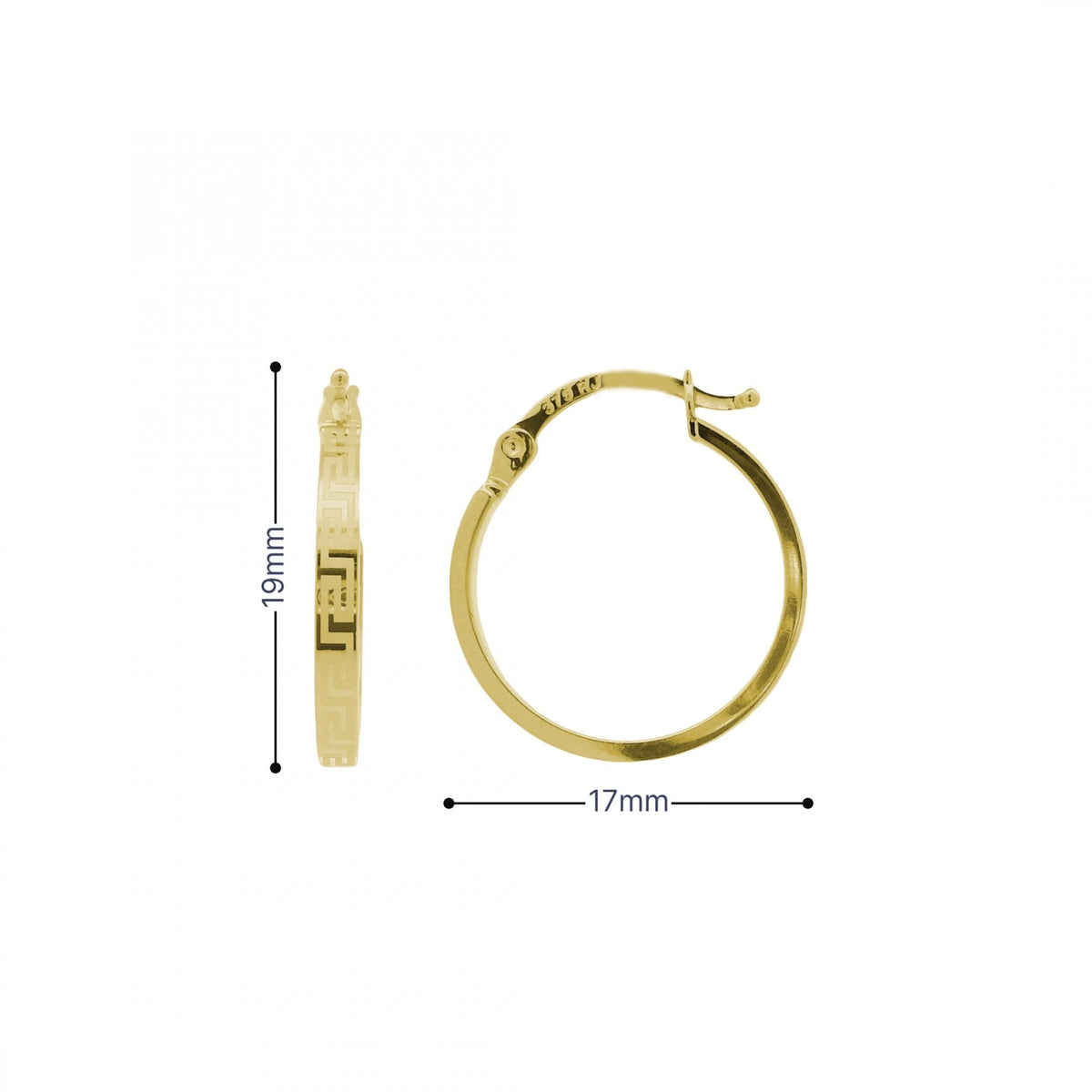 9ct Yellow Gold Greek Hoop Earrings - 17x19x2.5mm - 1.2g