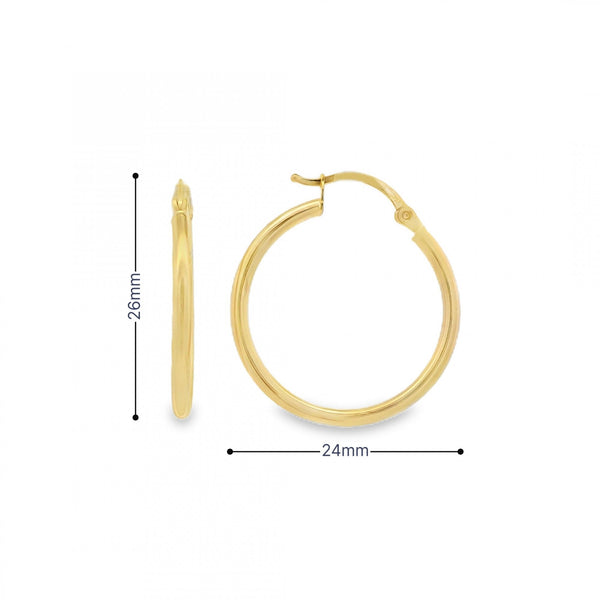 9ct Yellow Gold Plain Hoop Earrings - 24x26x2mm - 1.0g
