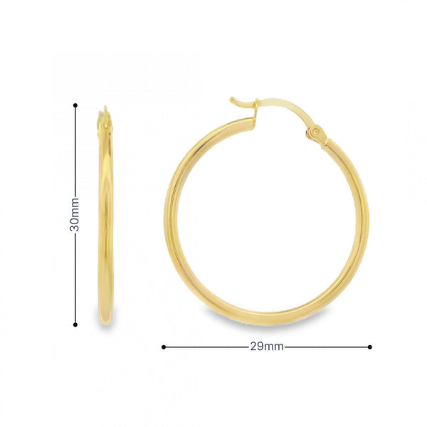 9ct Yellow Gold Plain Hoop Earrings - 29x30x2mm - 1.1g