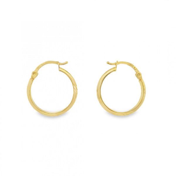 9ct Yellow Gold Patterned D-Shape Hoop Earrings - 18x19mm - 1.5g