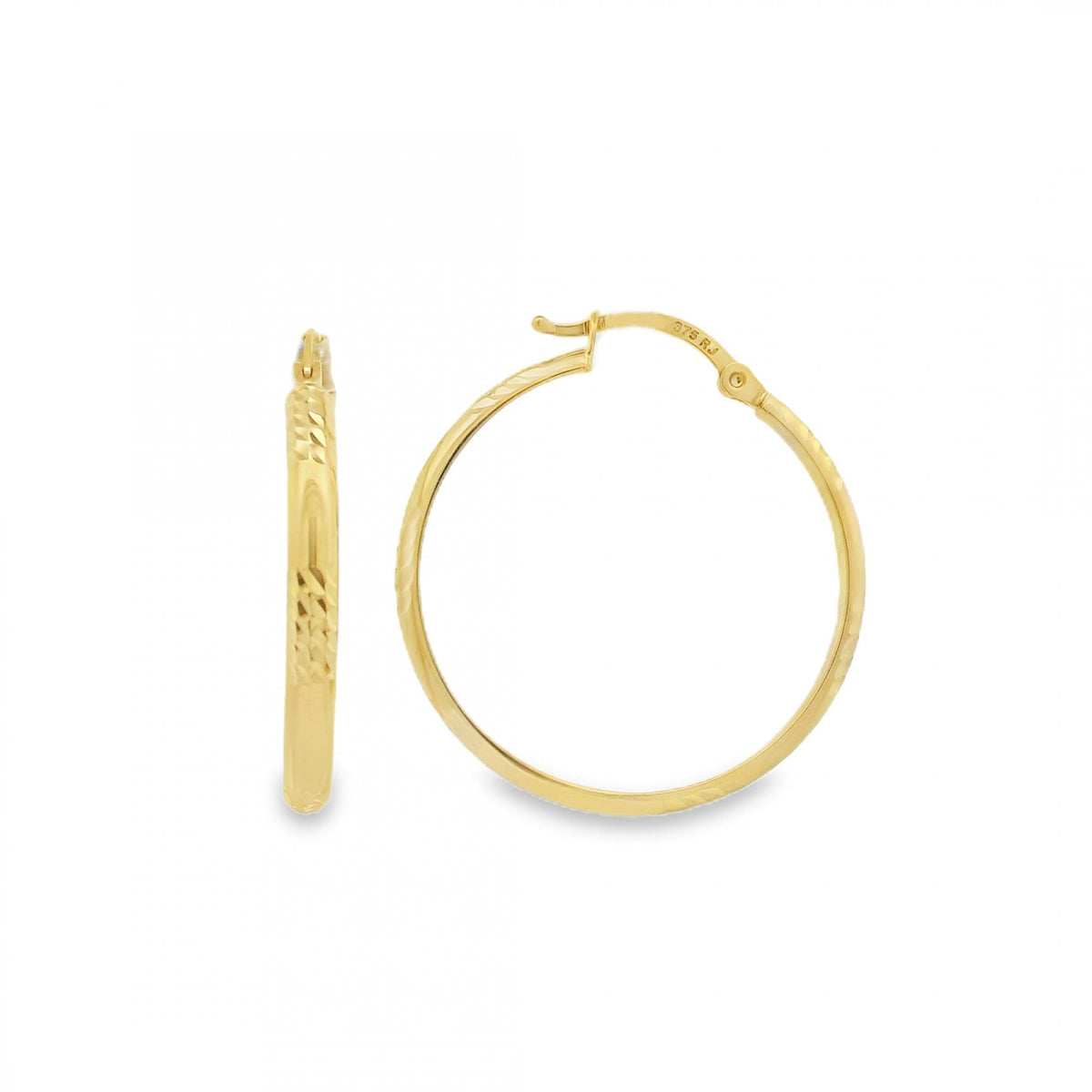 9ct Yellow Gold Patterned D-Shape Hoop Earrings - 28x30mm - 2.3g