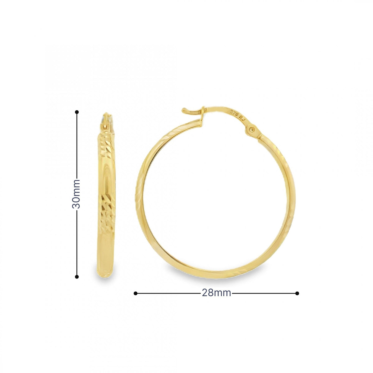 9ct Yellow Gold Patterned D-Shape Hoop Earrings - 28x30mm - 2.3g