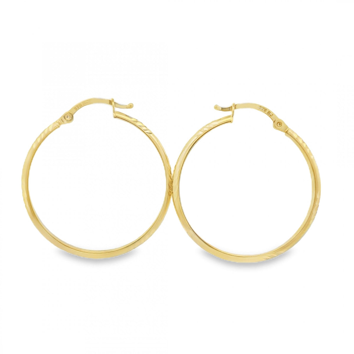 9ct Yellow Gold Patterned D-Shape Hoop Earrings - 28x30mm - 2.3g