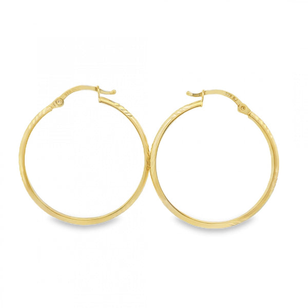 9ct Yellow Gold Patterned D-Shape Hoop Earrings - 28x30mm - 2.3g
