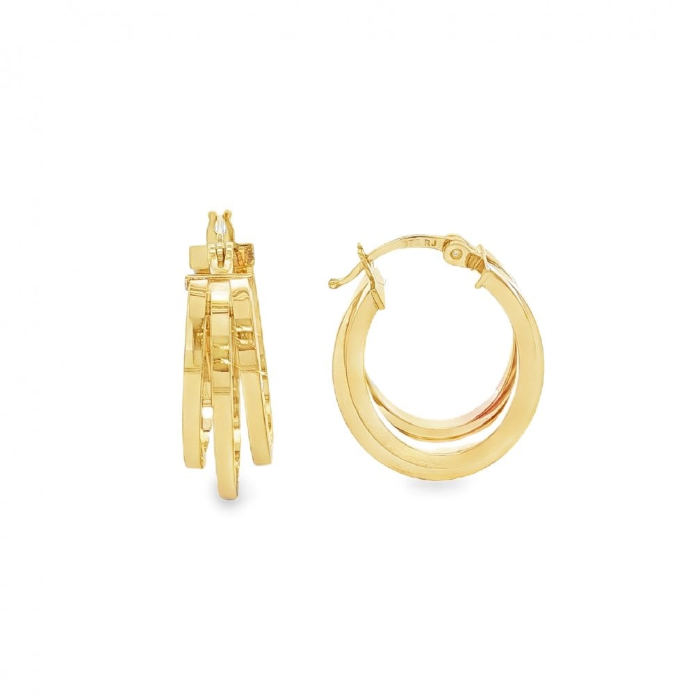 9ct Yellow Gold Triple Flat-Lay Hoop Earrings - 17x23x7mm - 2.0g