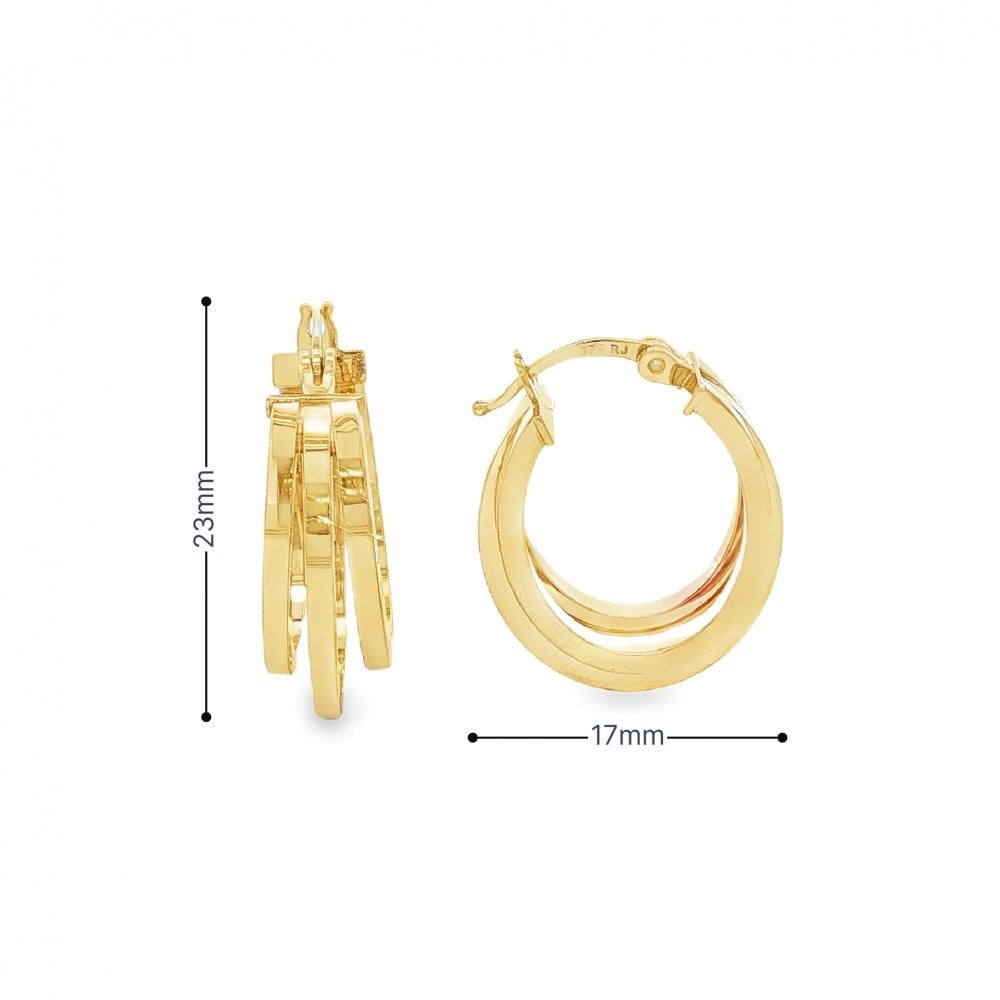 9ct Yellow Gold Triple Flat-Lay Hoop Earrings - 17x23x7mm - 2.0g