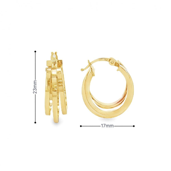 9ct Yellow Gold Triple Flat-Lay Hoop Earrings - 17x23x7mm - 2.0g