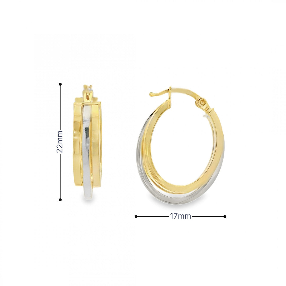 9ct Yellow & White Gold Triple Hoop Earrings - 17x22x6mm - 1.9g