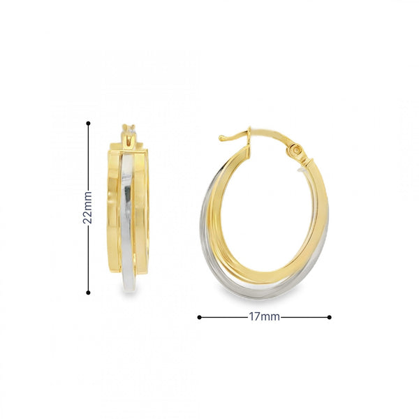 9ct Yellow & White Gold Triple Hoop Earrings - 17x22x6mm - 1.9g