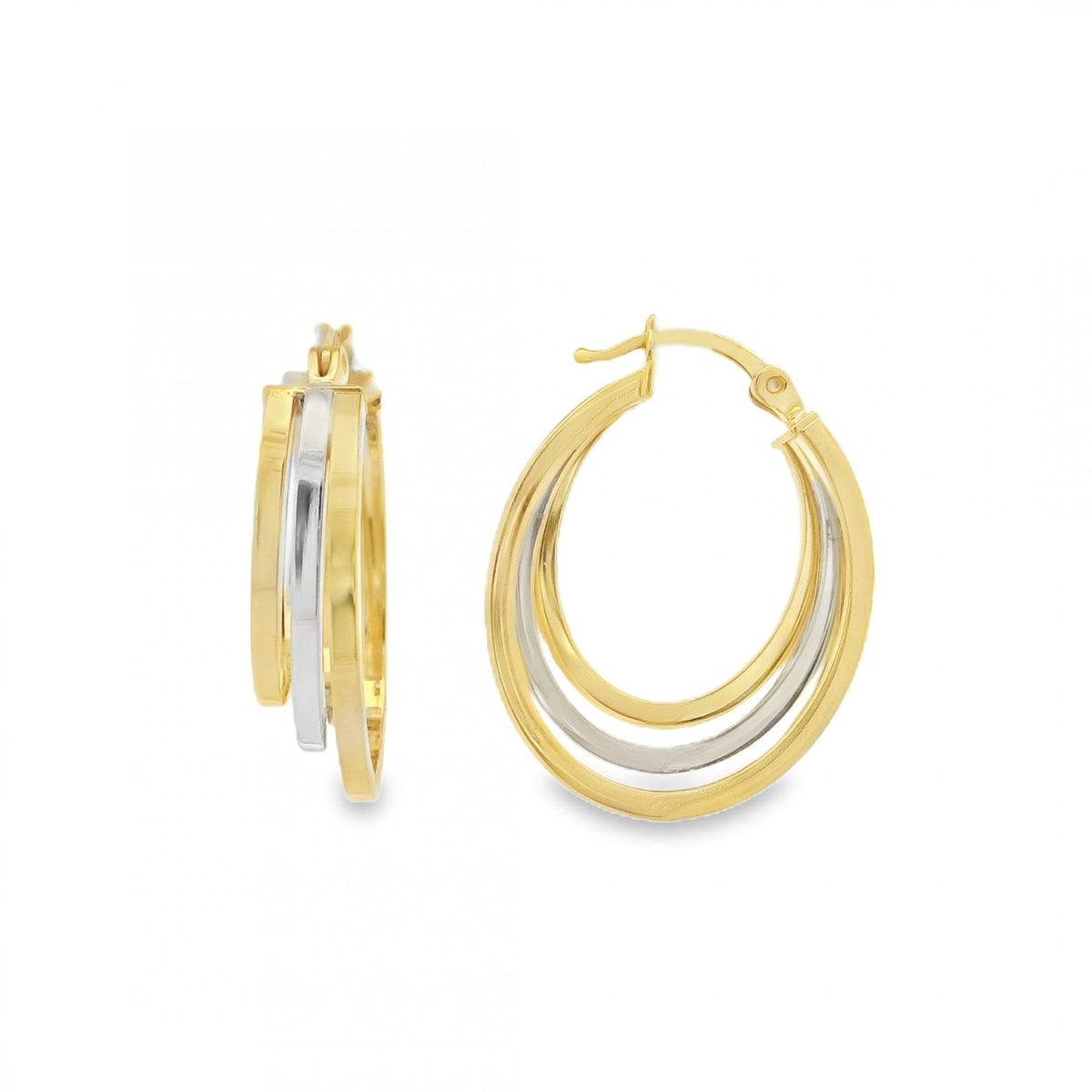 9ct Yellow & White Gold Triple Hoop Earrings - 19x25x6mm - 2.2g