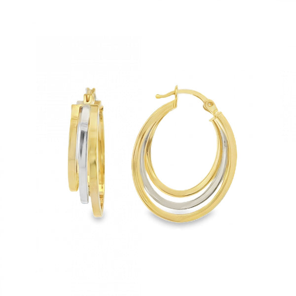 9ct Yellow & White Gold Triple Hoop Earrings - 19x25x6mm - 2.2g