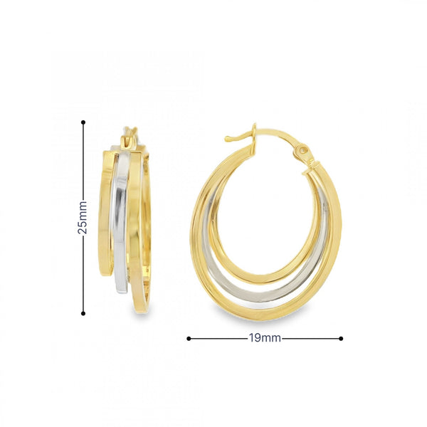9ct Yellow & White Gold Triple Hoop Earrings - 19x25x6mm - 2.2g