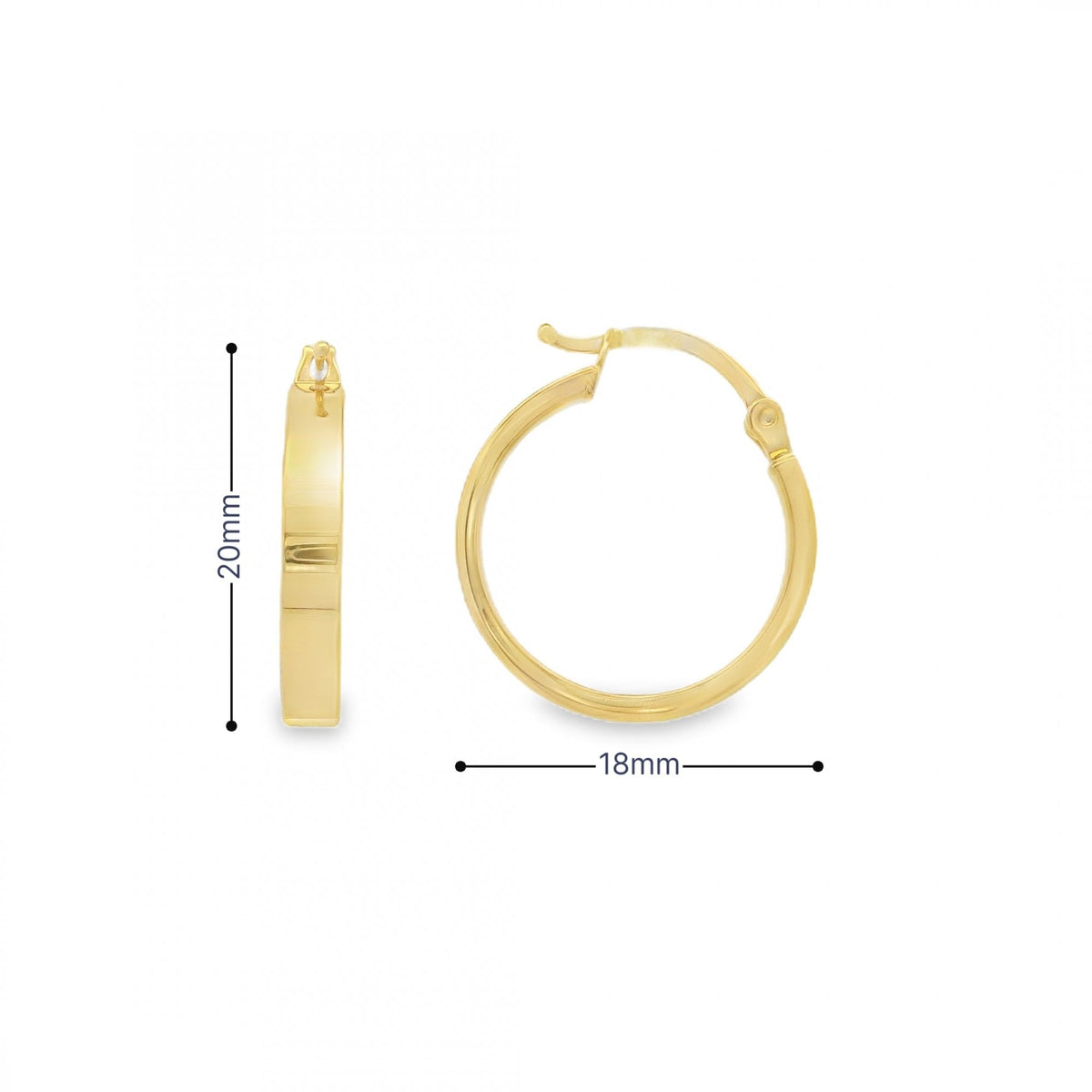 9ct Yellow Gold Round Hoop Earrings - 18x20x3mm - 1.5g