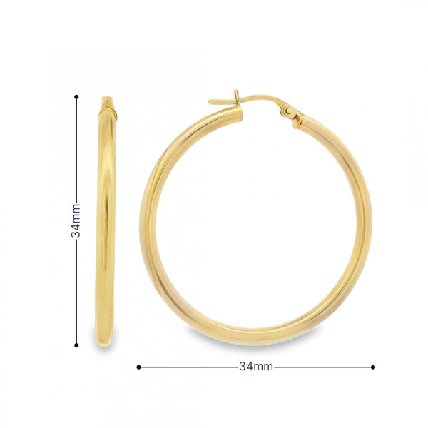 9ct Yellow Gold Round Tube Hoop Earrings - 34x34x2.5mm - 1.6g