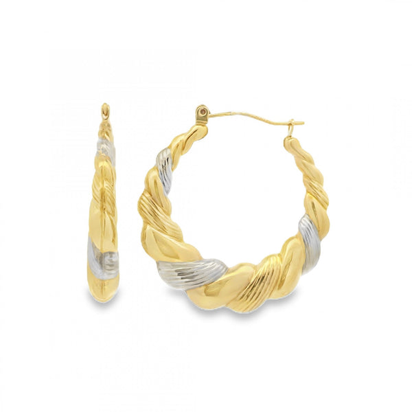 9ct Yellow & White Gold Bubble Twist Earrings - 30x30mm - 2.0g