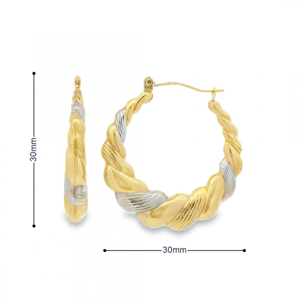 9ct Yellow & White Gold Bubble Twist Earrings - 30x30mm - 2.0g