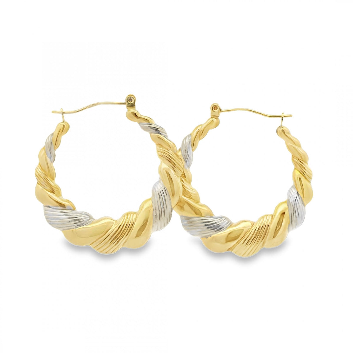9ct Yellow & White Gold Bubble Twist Earrings - 30x30mm - 2.0g