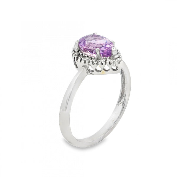 9ct White Gold Amethyst & Diamond Cluster Ring - Size M½ -0.10ct