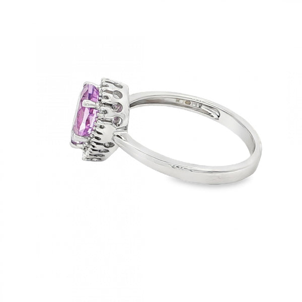 9ct White Gold Amethyst & Diamond Cluster Ring - Size M½ -0.10ct