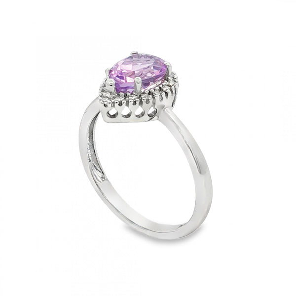 9ct White Gold Amethyst & Diamond Cluster Ring - Size M½ -0.10ct