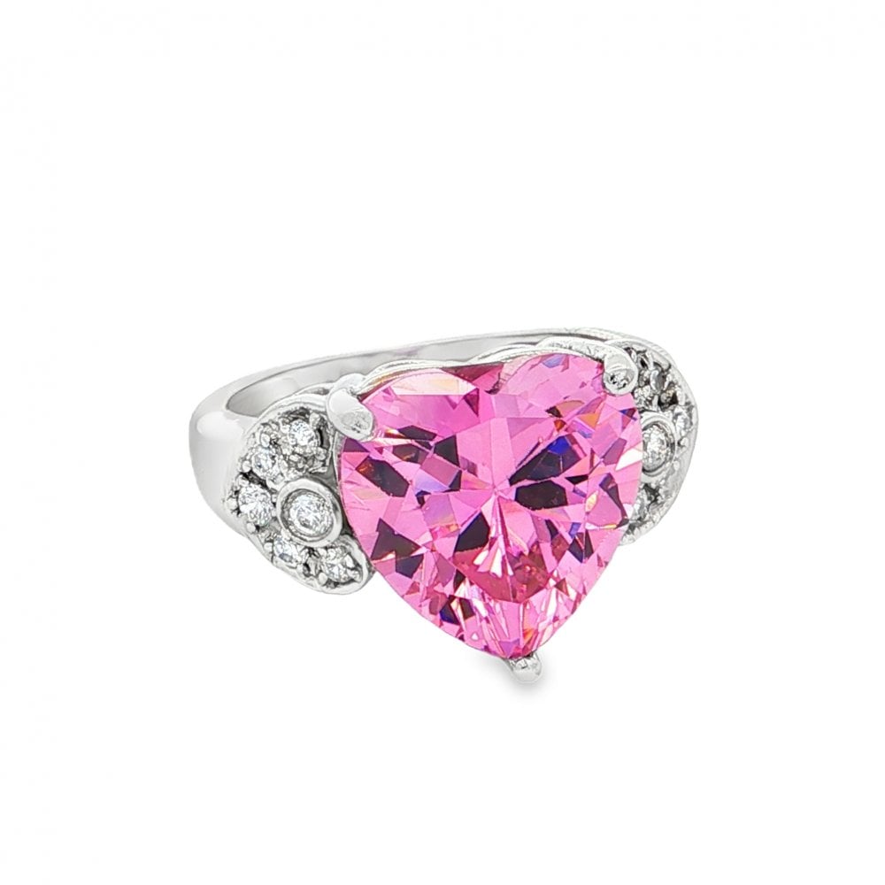 9ct White Gold Pink CZ Heart Dress Ring - Size K - 5.6g