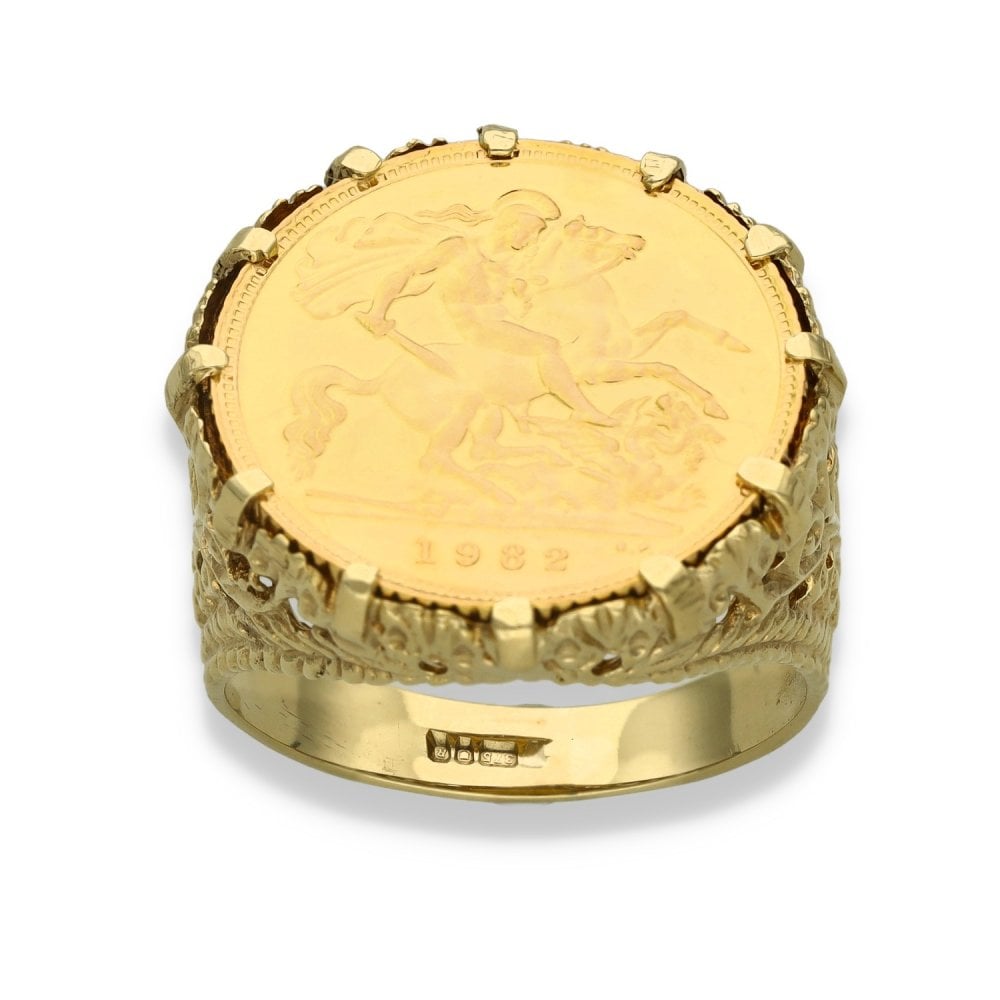 1982 Yellow Gold Half Sovereign Coin Ring - Size P - 9.0g