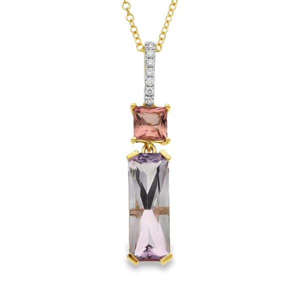 18ct Amethyst & Pink Tourmaline & Diamond Pendant & Necklace