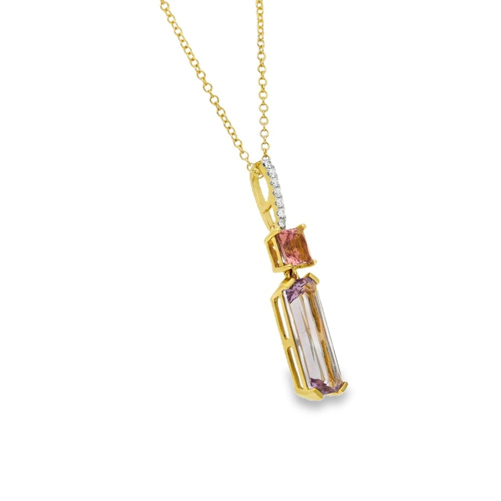 18ct Amethyst & Pink Tourmaline & Diamond Pendant & Necklace