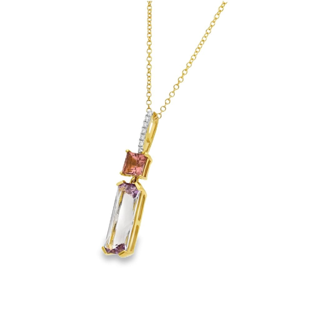 18ct Amethyst & Pink Tourmaline & Diamond Pendant & Necklace