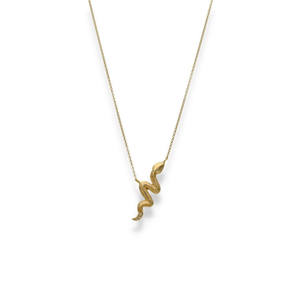 9ct Yellow Gold Diamond Snake Pendant & Trace Chain - 18" - 2.1g