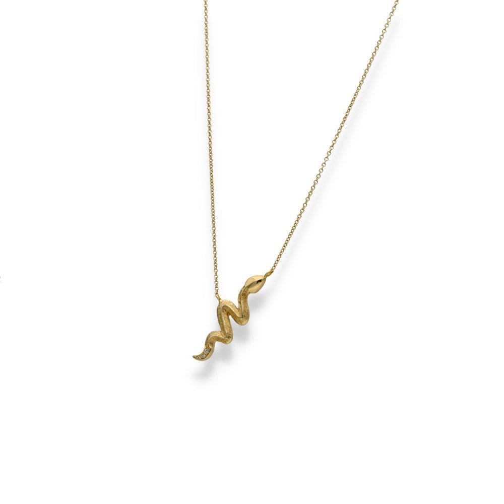 9ct Yellow Gold Diamond Snake Pendant & Trace Chain - 18" - 2.1g