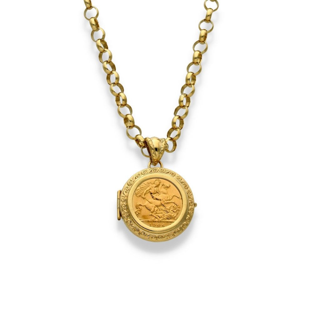 1906 Yellow Gold Half-Sovereign Coin Locket & Chain - 20" -27.3g