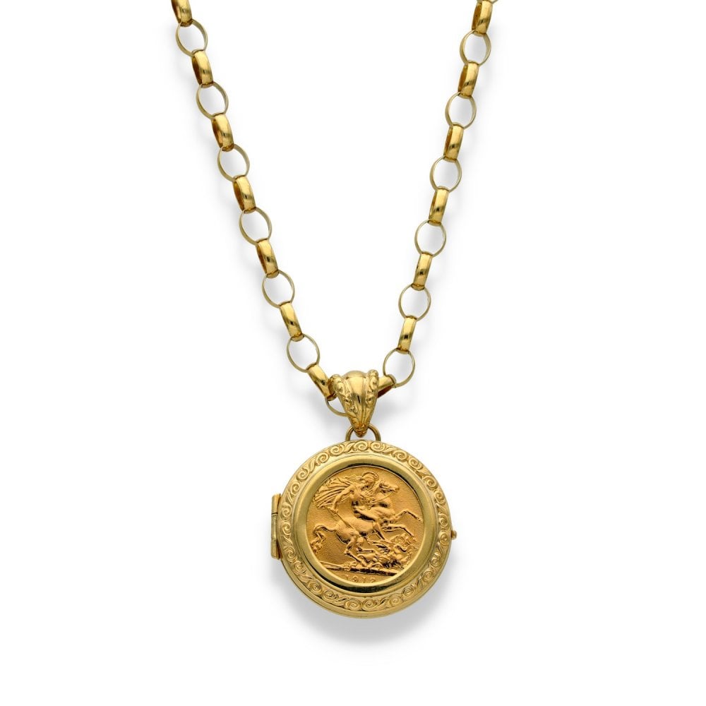 1912 Yellow Gold Half-Sovereign Coin Locket & Chain - 24" -21.2g