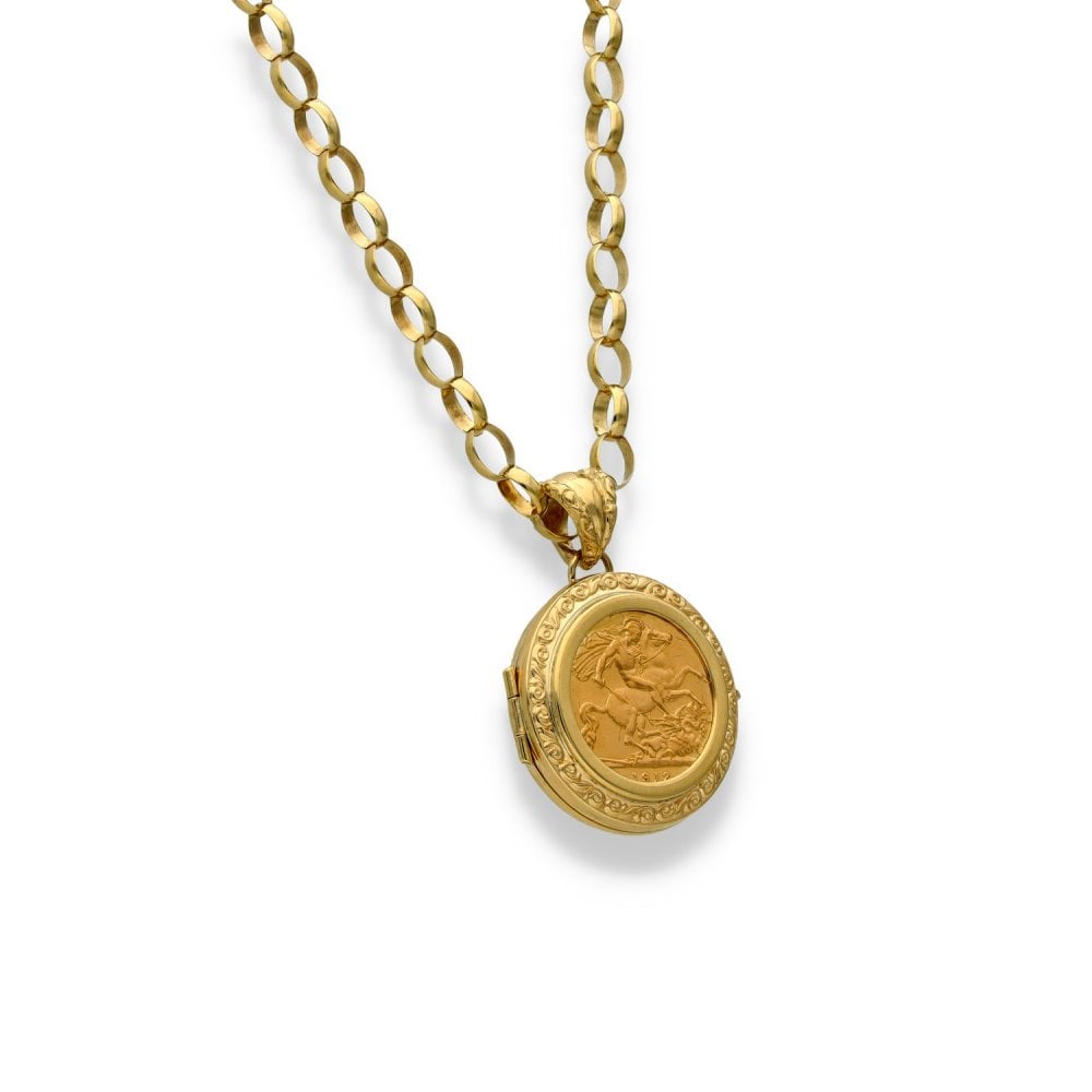 1912 Yellow Gold Half-Sovereign Coin Locket & Chain - 24" -21.2g