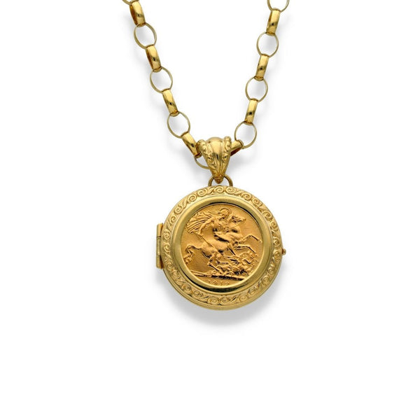 1912 Yellow Gold Half-Sovereign Coin Locket & Chain - 24" -21.2g