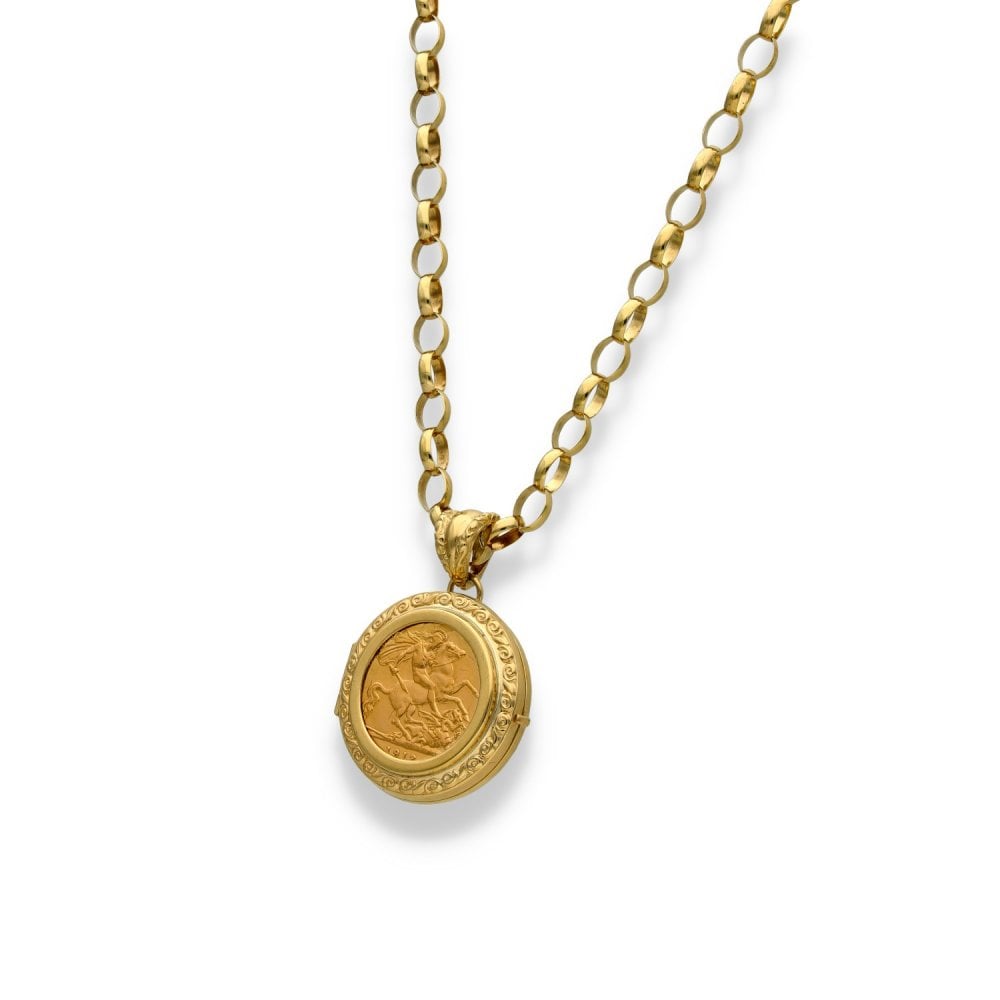 1912 Yellow Gold Half-Sovereign Coin Locket & Chain - 24" -21.2g
