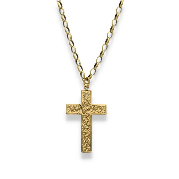 9ct Yellow Gold Patterned Cross Pendant & Chain - 19" - 10.2g