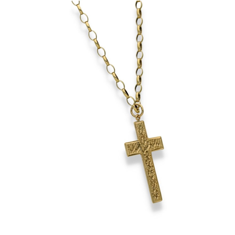 9ct Yellow Gold Patterned Cross Pendant & Chain - 19" - 10.2g